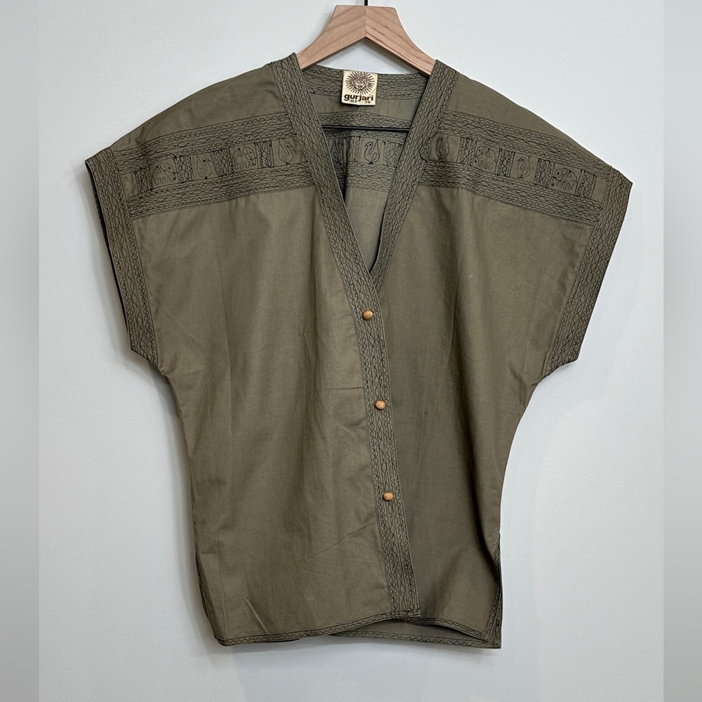 Olive Green Hand Made Kimono Style Button-Up V-Neck Top Size M